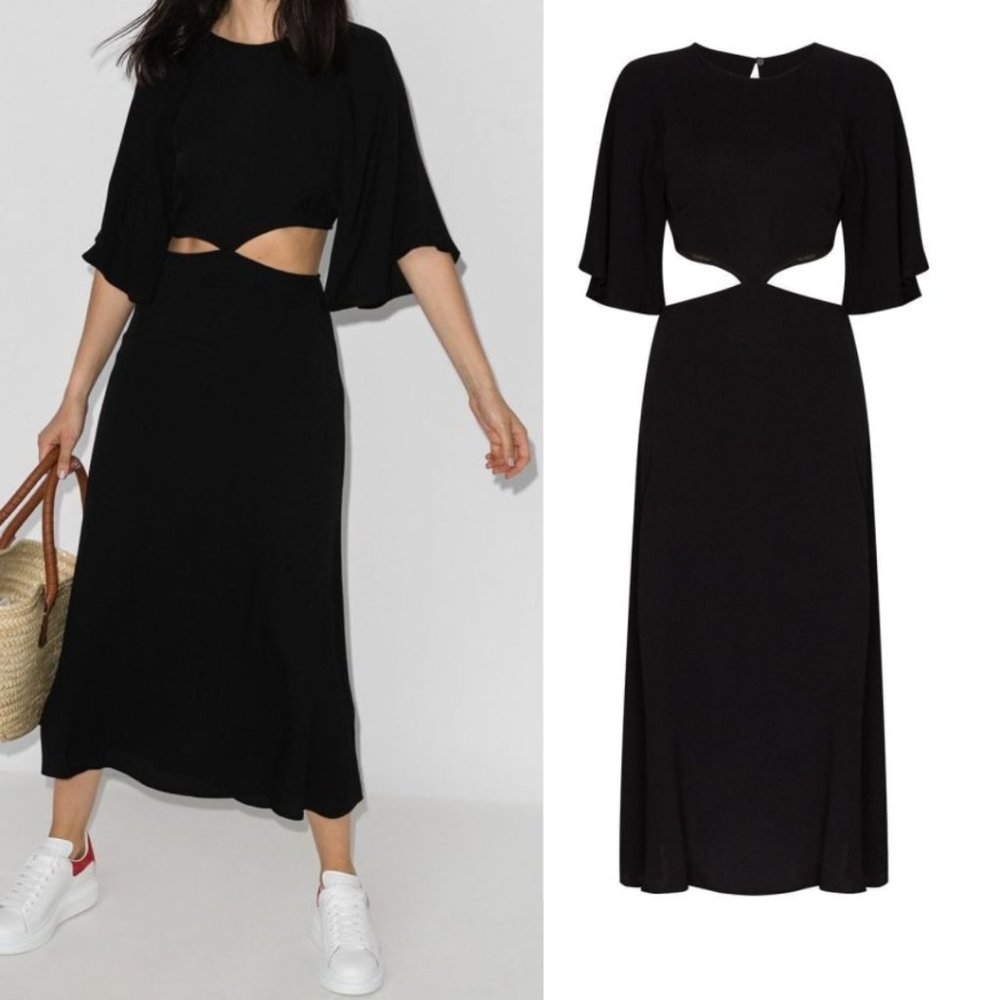 Reformation Benny Cut-out Waist Midi Dress Black Flared Flounce Sleeves Sz 12